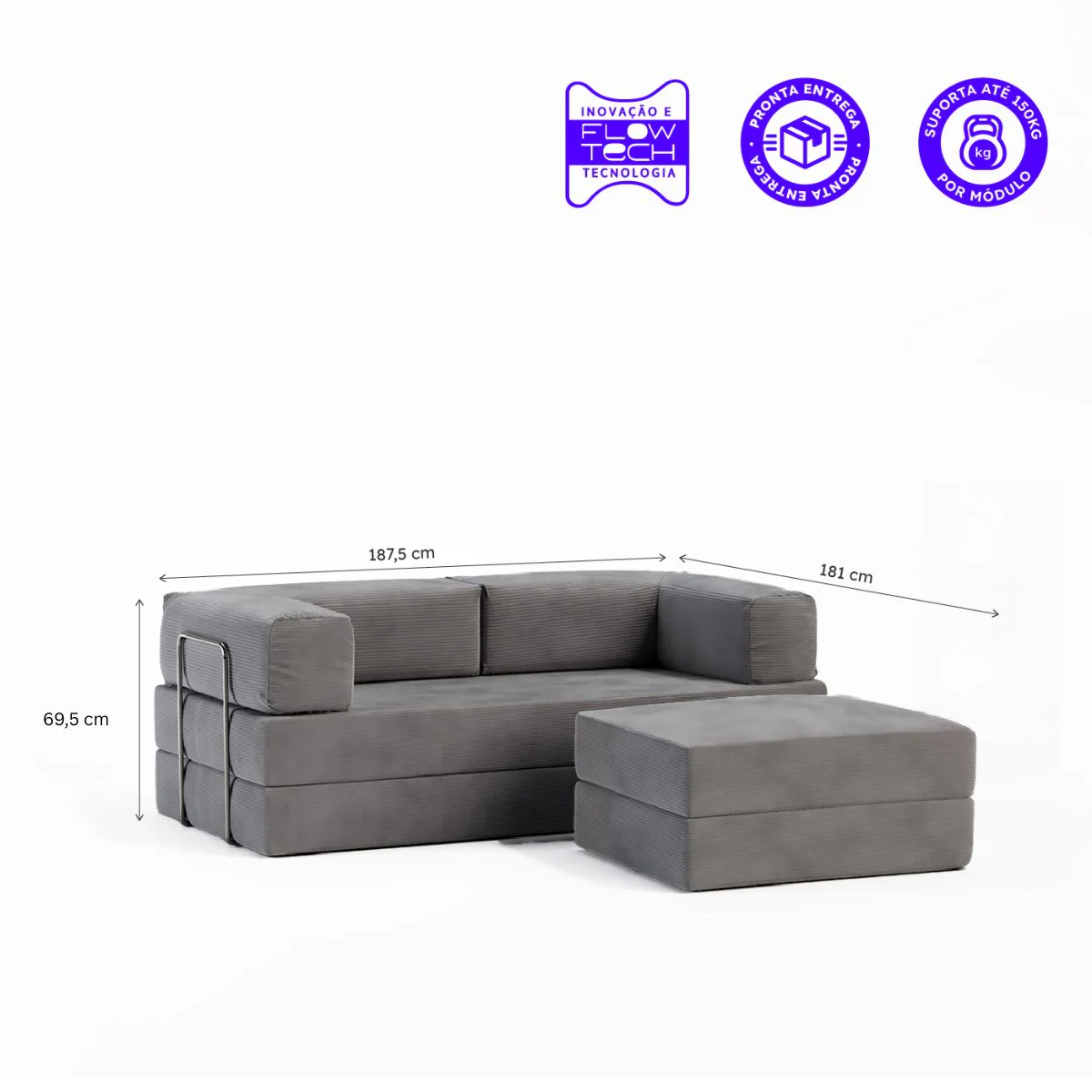 Sofá-Cama Flowin Cotelê com Apoio de Pé - Cinza - Image 3