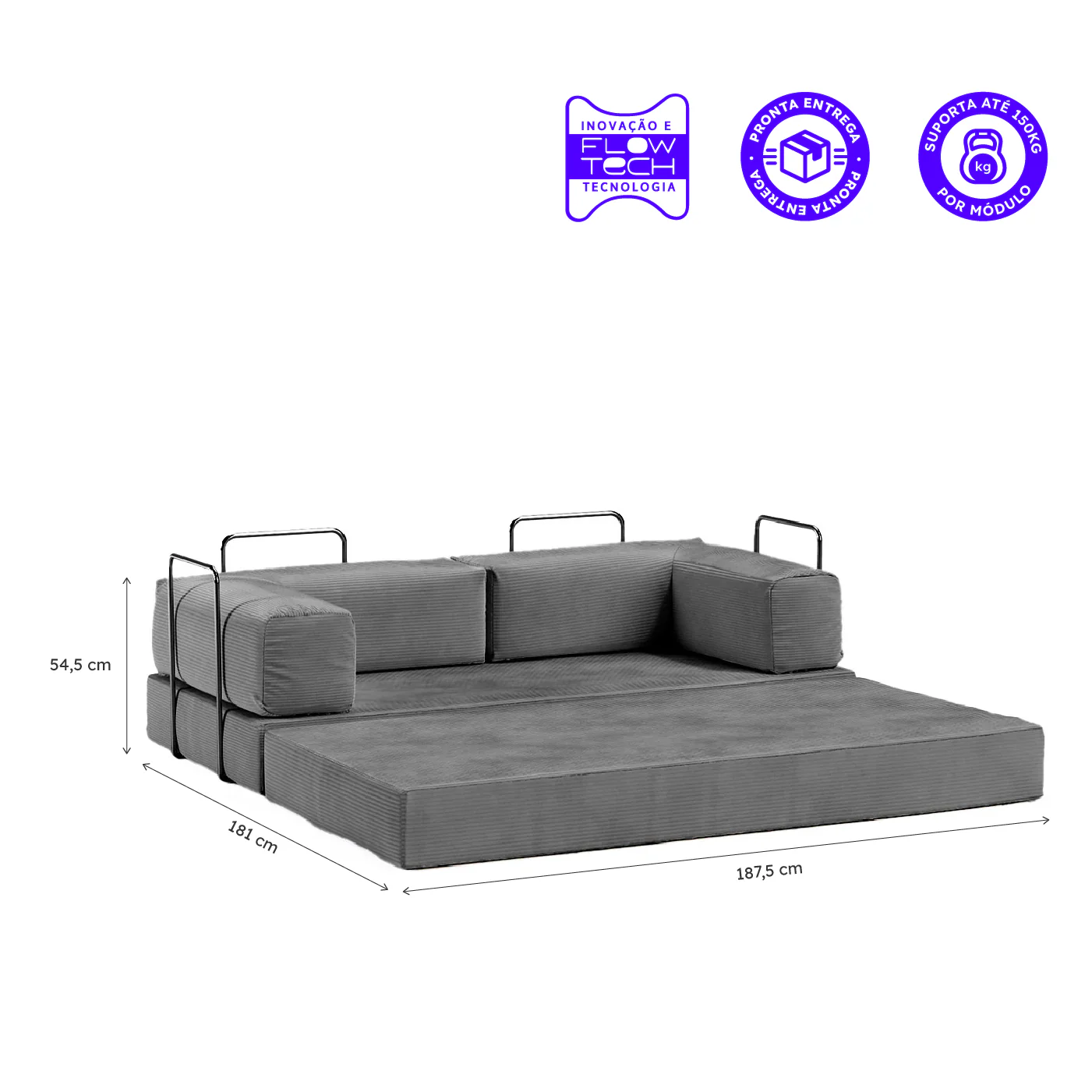 Sofá-Cama Flowin Cotelê com Apoio de Pé - Cinza - Image 4
