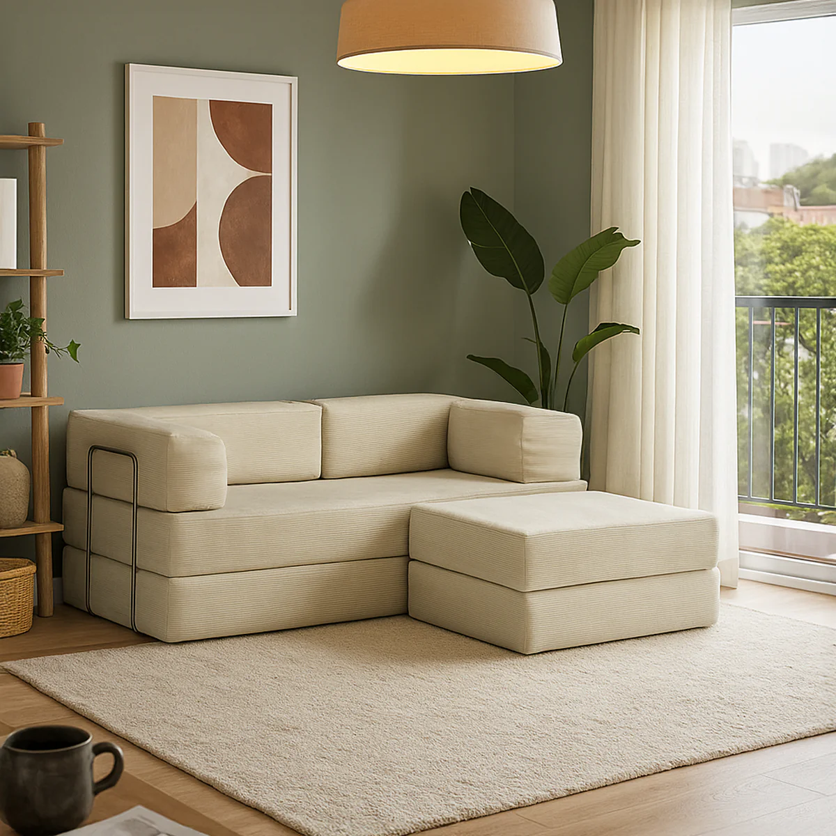 Sofá-Cama Flowin Cotelê com Apoio de Pé - Bege - Image 3