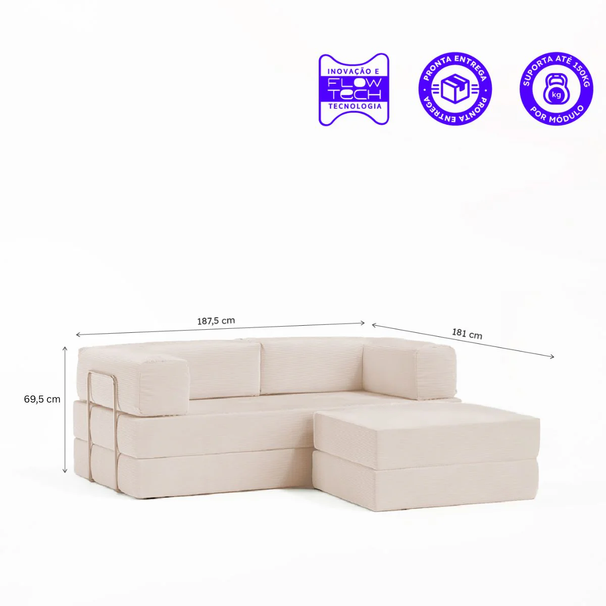 Sofá-Cama Flowin Cotelê com Apoio de Pé - Bege - Image 4