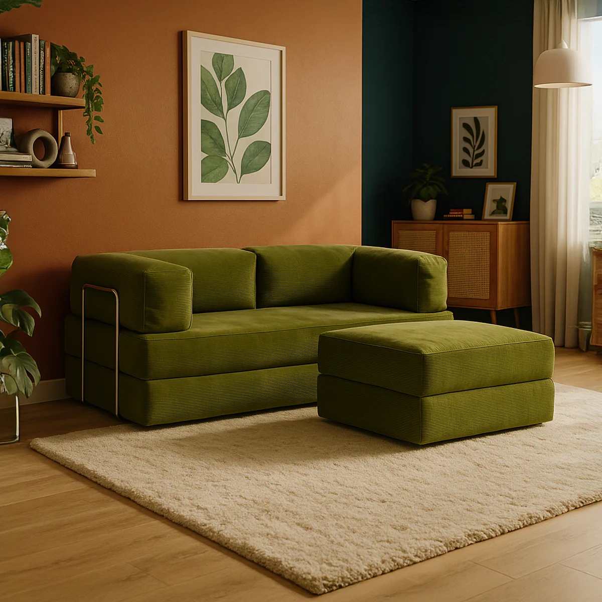 Sofá-Cama Flowin Cotelê com Apoio de Pé - Verde Oliva - Image 4