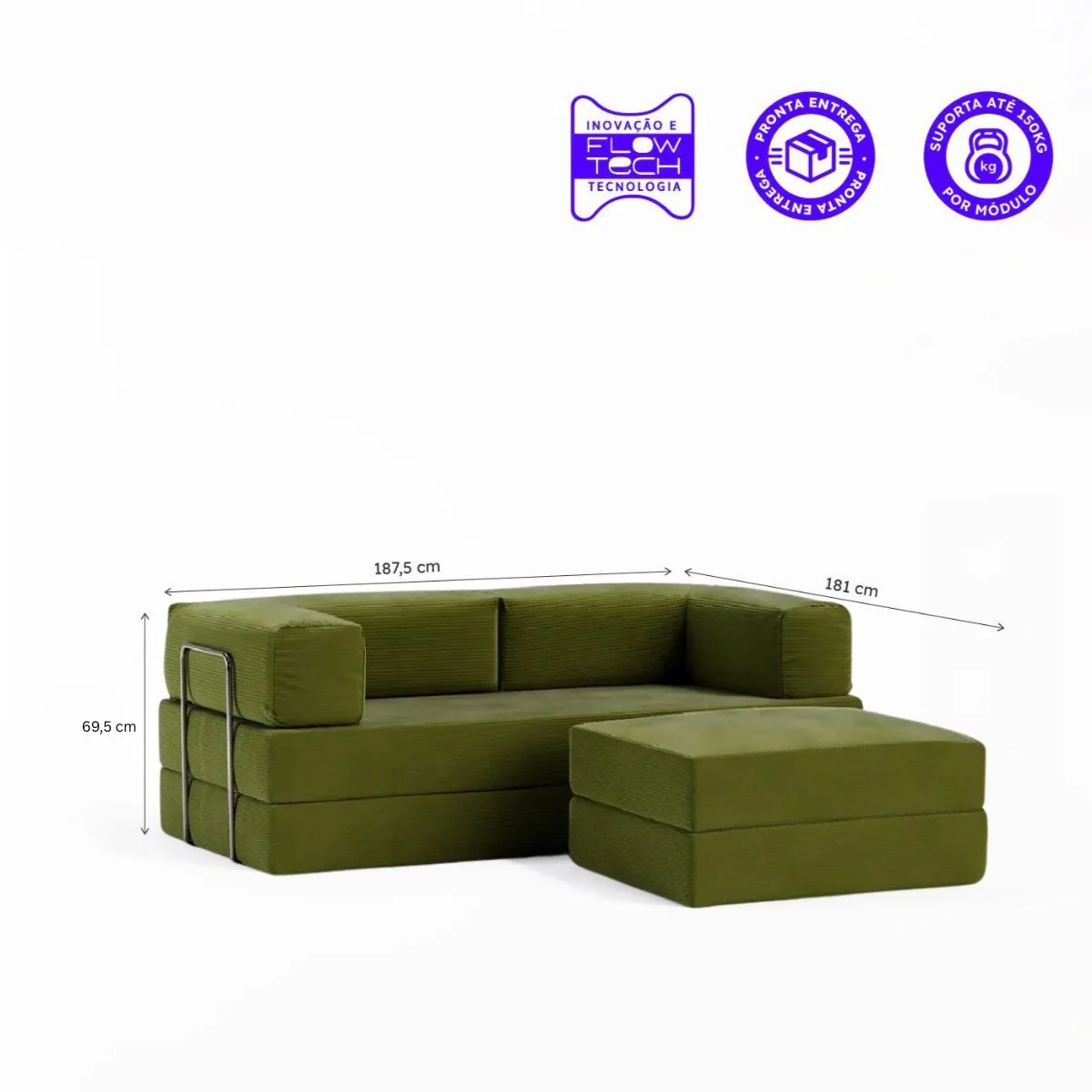 Sofá-Cama Flowin Cotelê com Apoio de Pé - Verde Oliva - Image 5