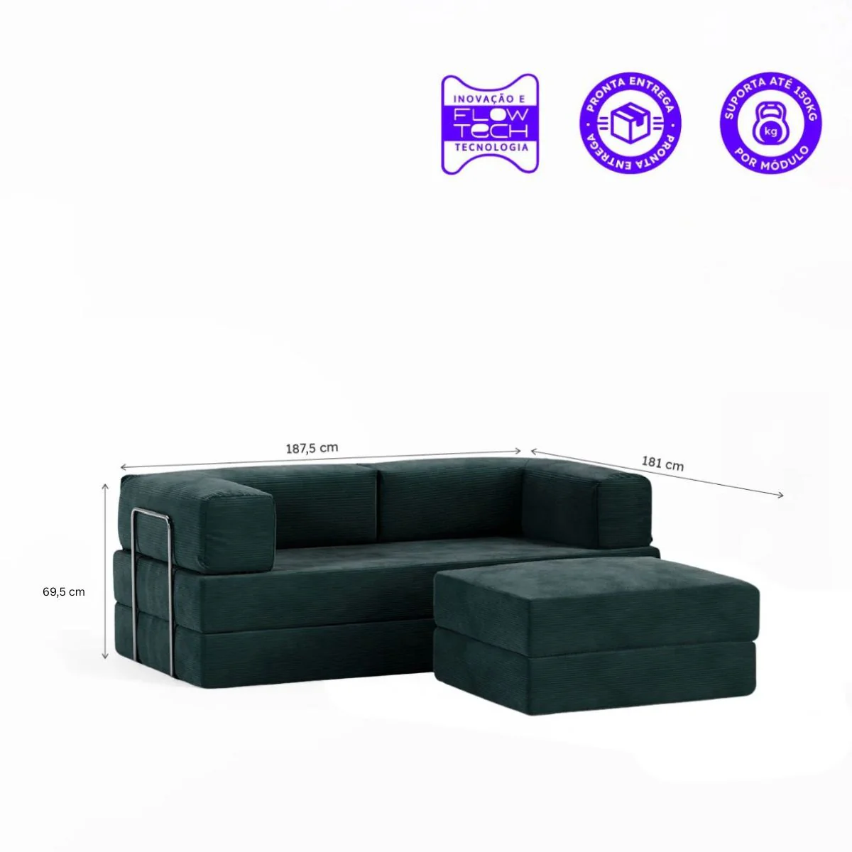 Sofá-Cama Flowin Cotelê com Apoio de Pé - Verde Musgo - Image 5