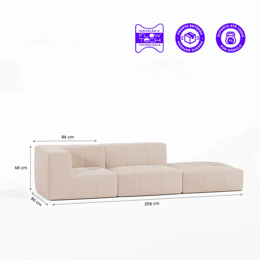 Sofá Modular Boucle Bege - 2 Lugares - 1 Canto com Apoio de Pé - Image 4