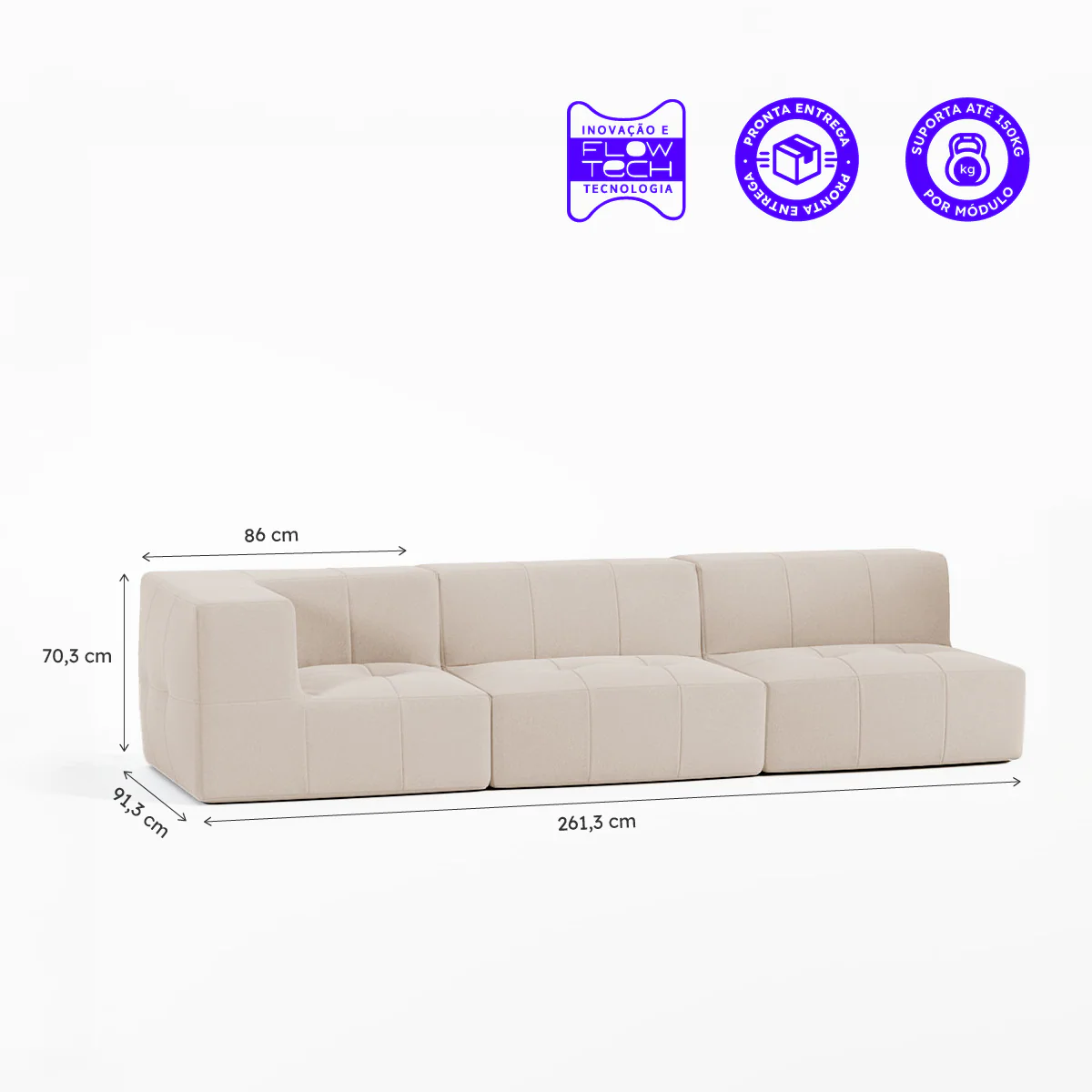 Sofá Modular Boucle Bege - 3 Lugares - 1 Canto - Image 3