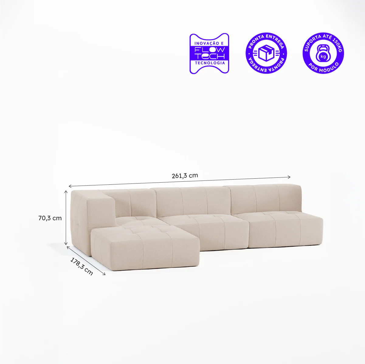 Sofá Modular Boucle Bege - 3 Lugares - 1 Canto com Apoio de Pé - Image 3