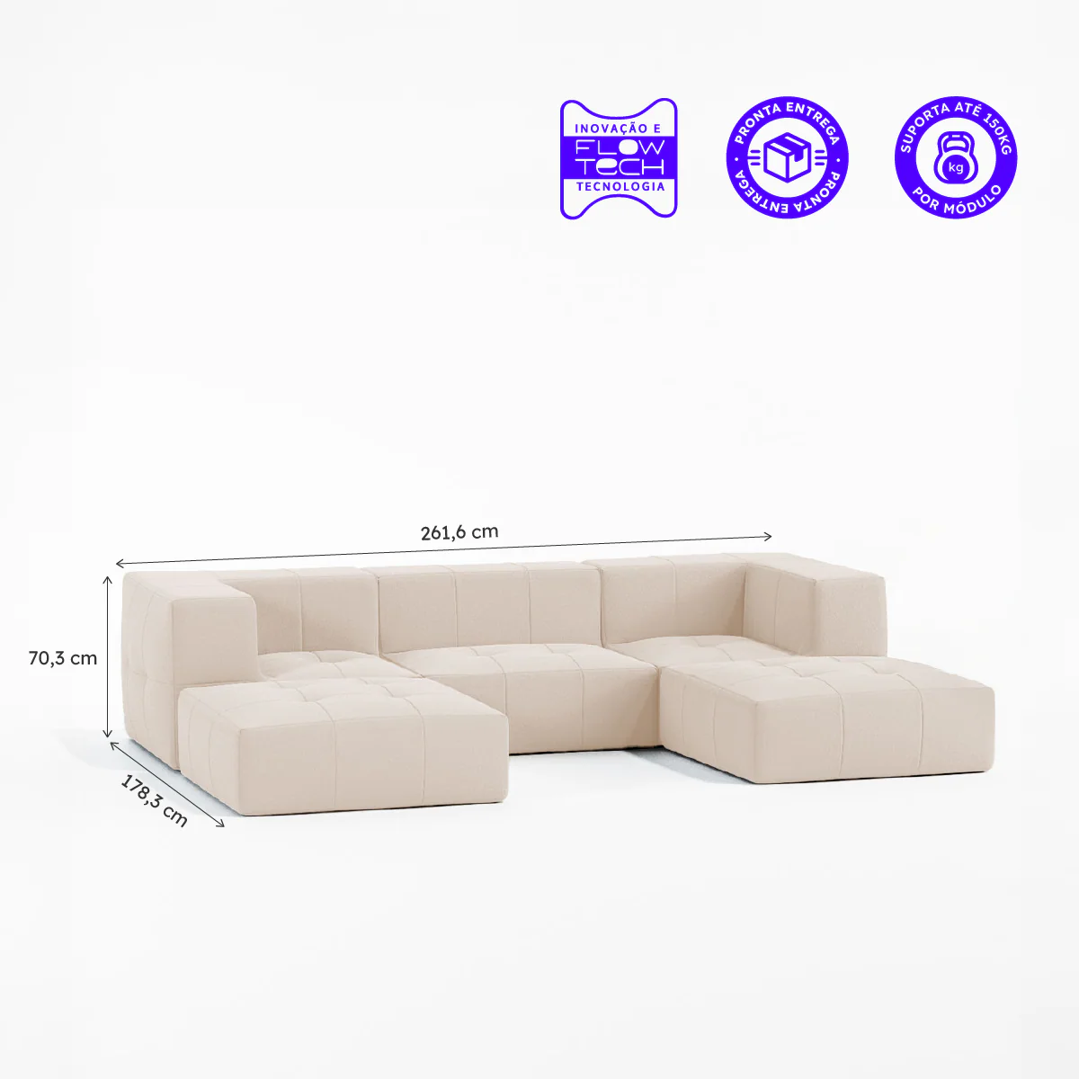 Sofá Modular Boucle Bege - 3 Lugares - 2 Cantos com 2 Apoio de Pé - Image 3