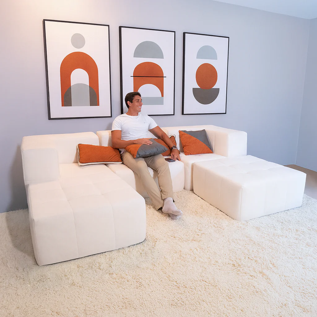 Sofá Modular Boucle Bege - 3 Lugares - 2 Cantos com 2 Apoio de Pé - Image 4