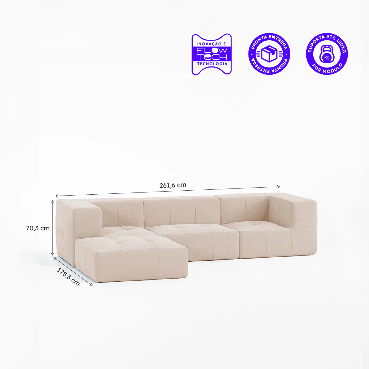 Sofá Modular Boucle Bege - 3 Lugares - 2 Cantos com Apoio de Pé - Image 3