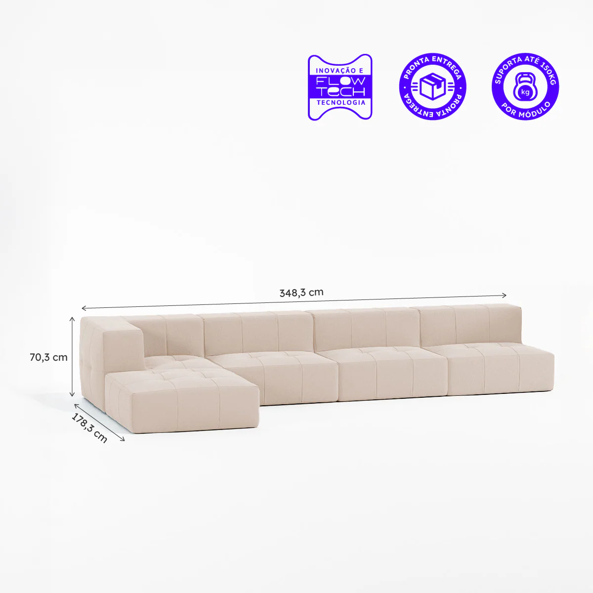 Sofá Modular Boucle Bege - 4 Lugares - 1 Canto com Apoio de Pé - Image 3