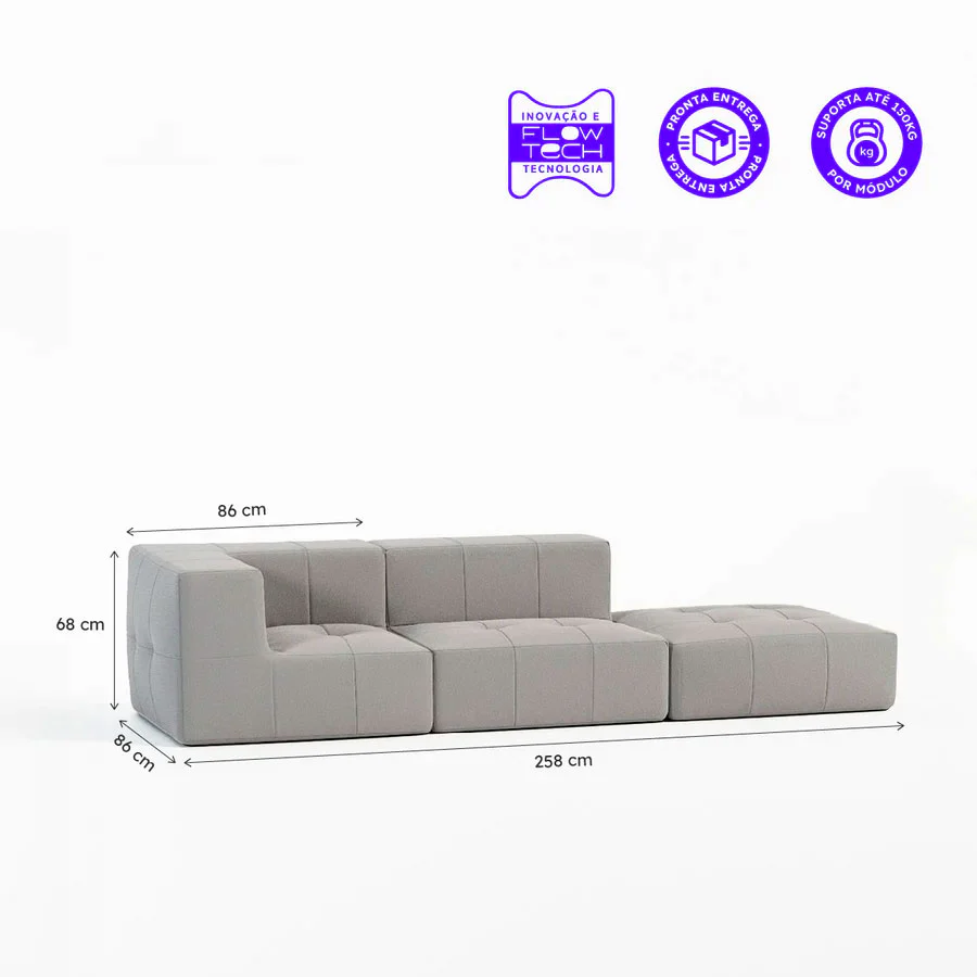 Sofá Modular Boucle Cinza - 2 Lugares - 1 Canto com Apoio de Pé - Image 4