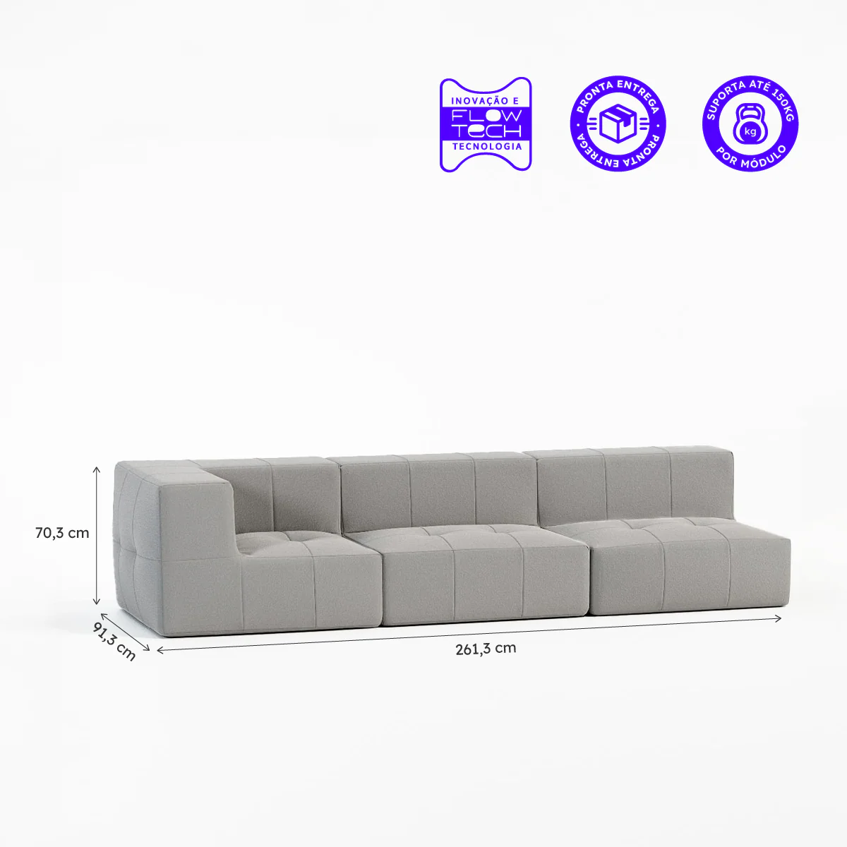 Sofá Modular Boucle Cinza - 3 Lugares - 1 Canto - Image 3