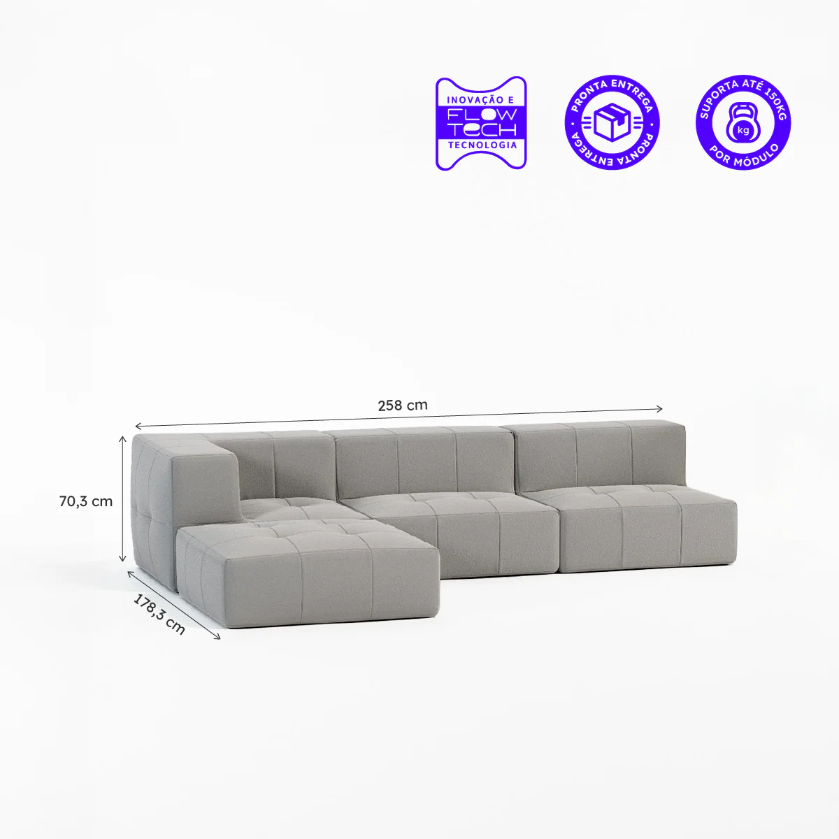 Sofá Modular Boucle Cinza - 3 Lugares - 1 Canto com Apoio de Pé - Image 3