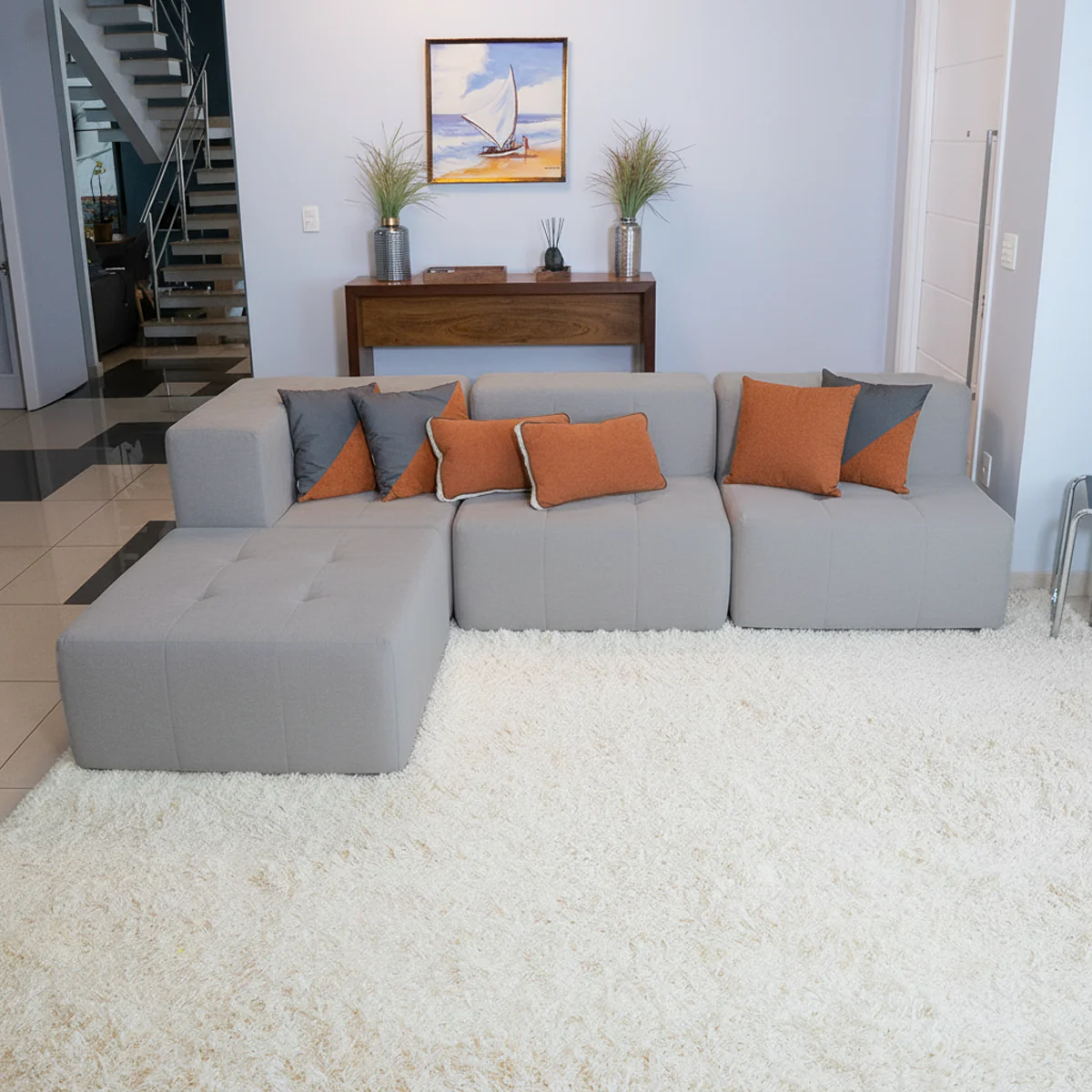 Sofá Modular Boucle Cinza - 3 Lugares - 1 Canto com Apoio de Pé - Image 5