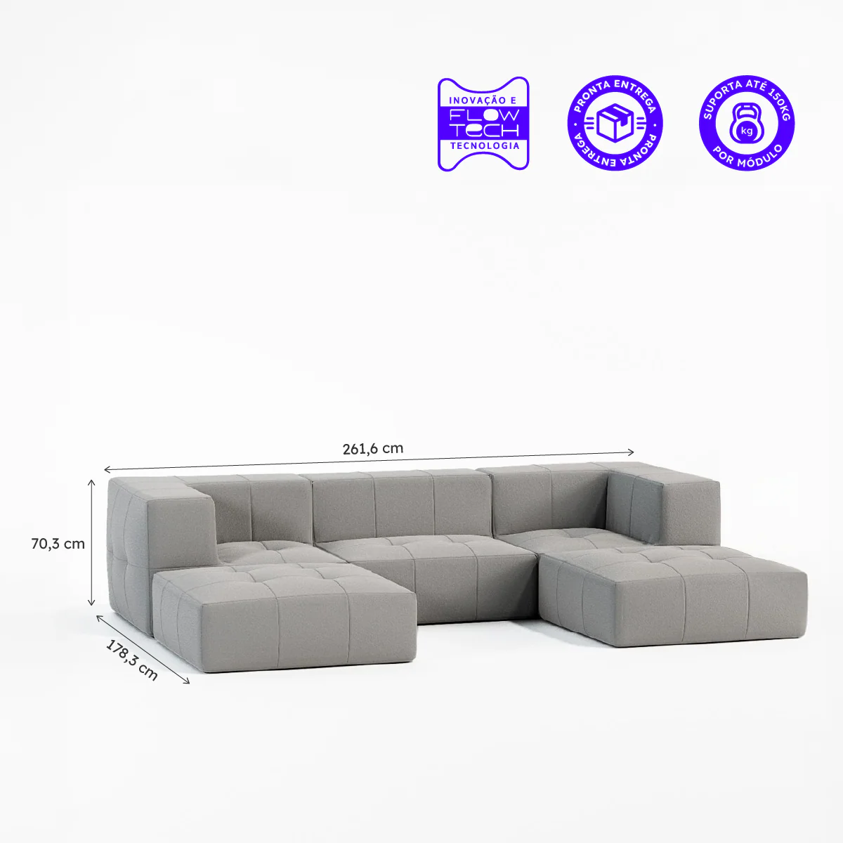 Sofá Modular Boucle Cinza - 3 Lugares - 2 Cantos com 2 Apoio de Pé - Image 3