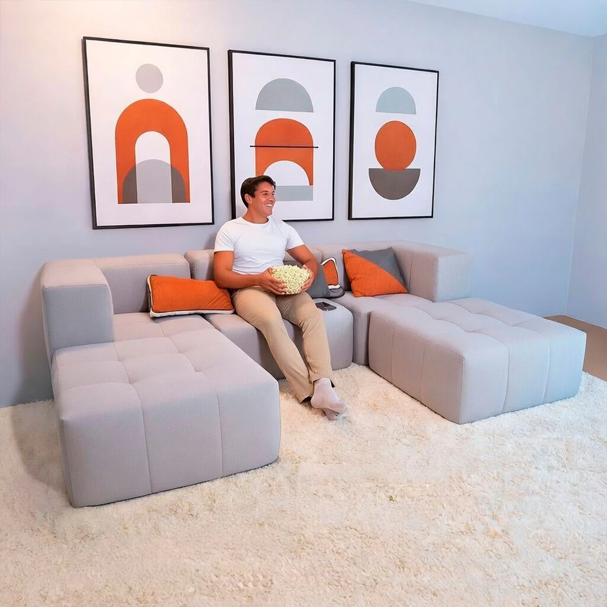 Sofá Modular Boucle Cinza - 3 Lugares - 2 Cantos com 2 Apoio de Pé - Image 4