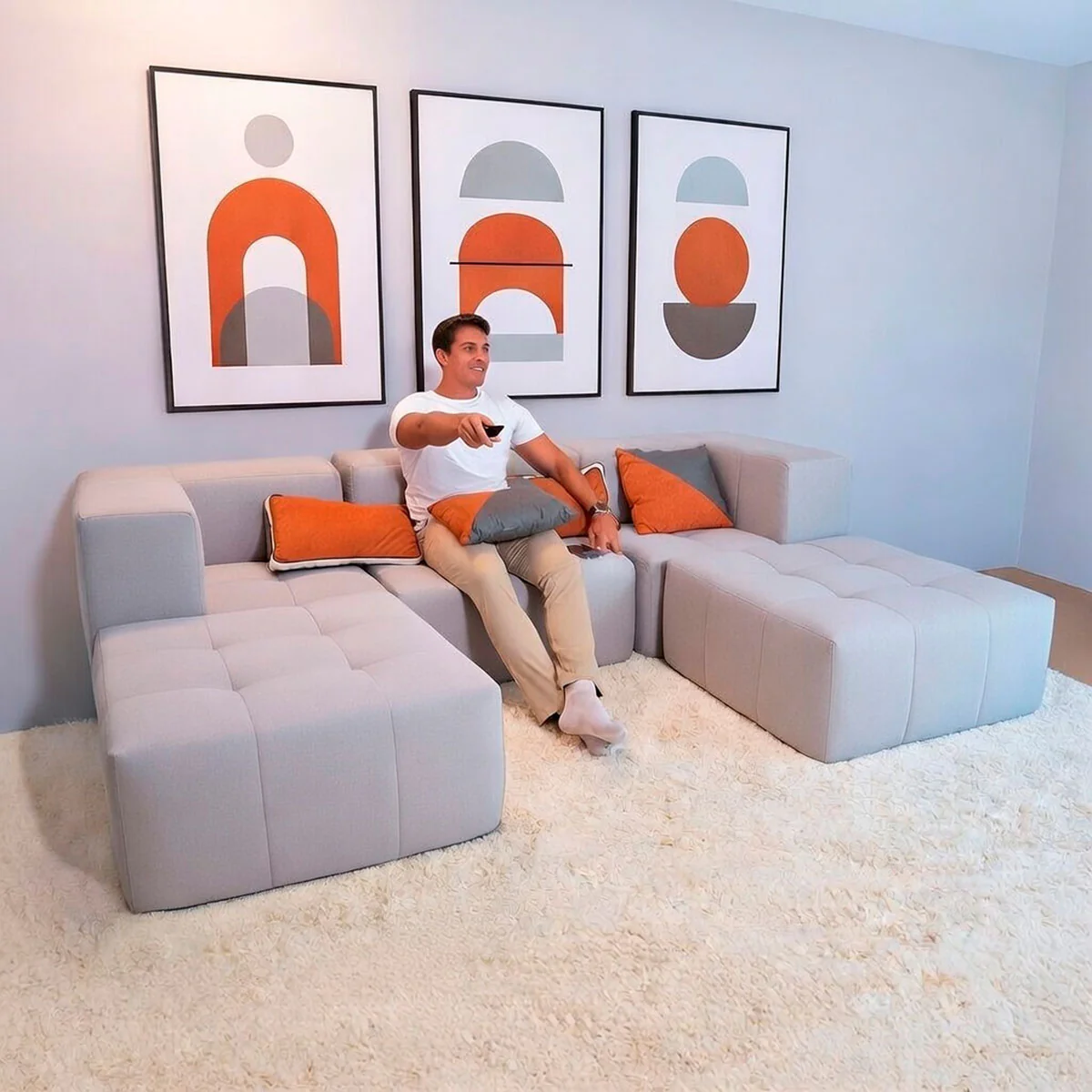 Sofá Modular Boucle Cinza - 3 Lugares - 2 Cantos com 2 Apoio de Pé - Image 5