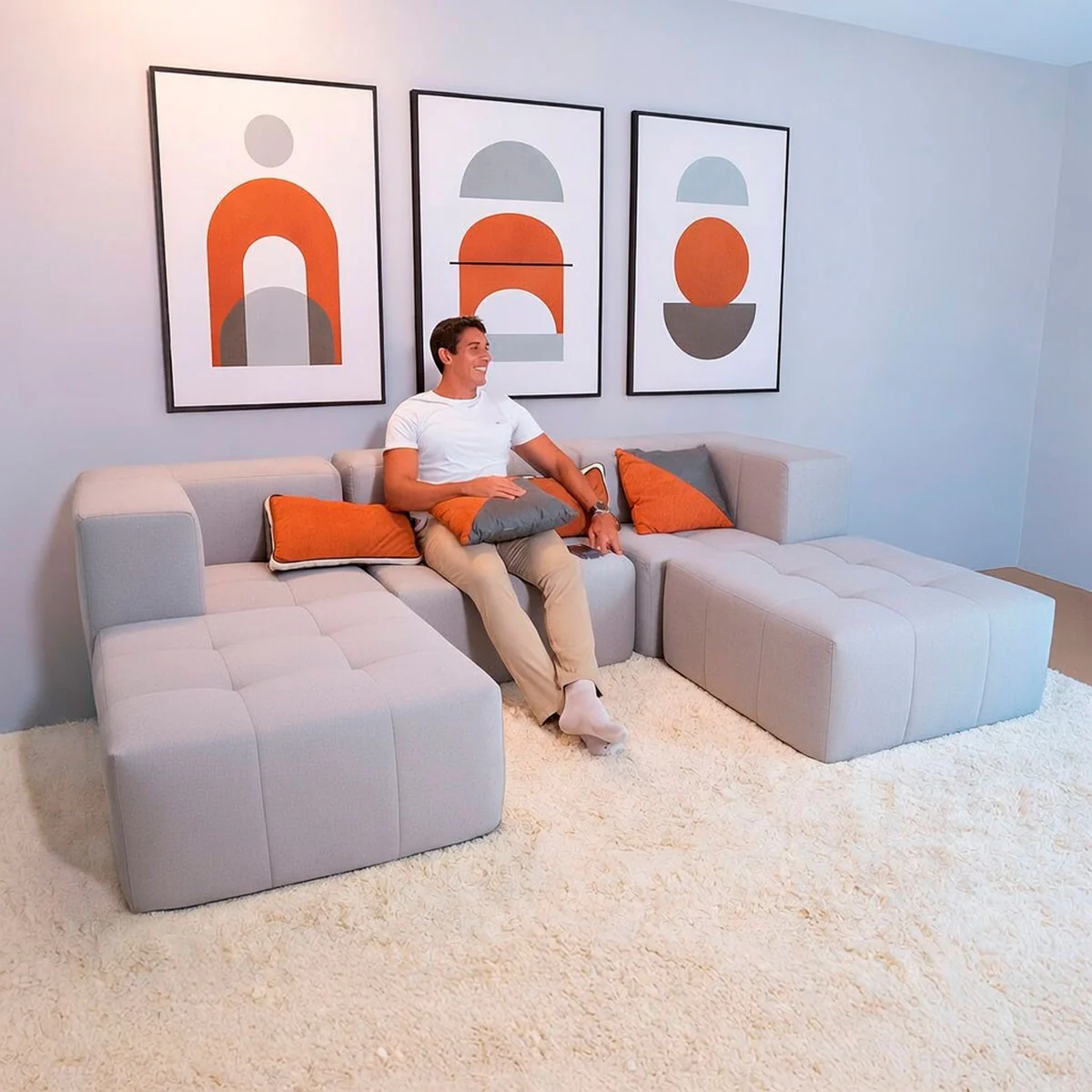 Sofá Modular Boucle Cinza - 3 Lugares - 2 Cantos com 2 Apoio de Pé - Image 6