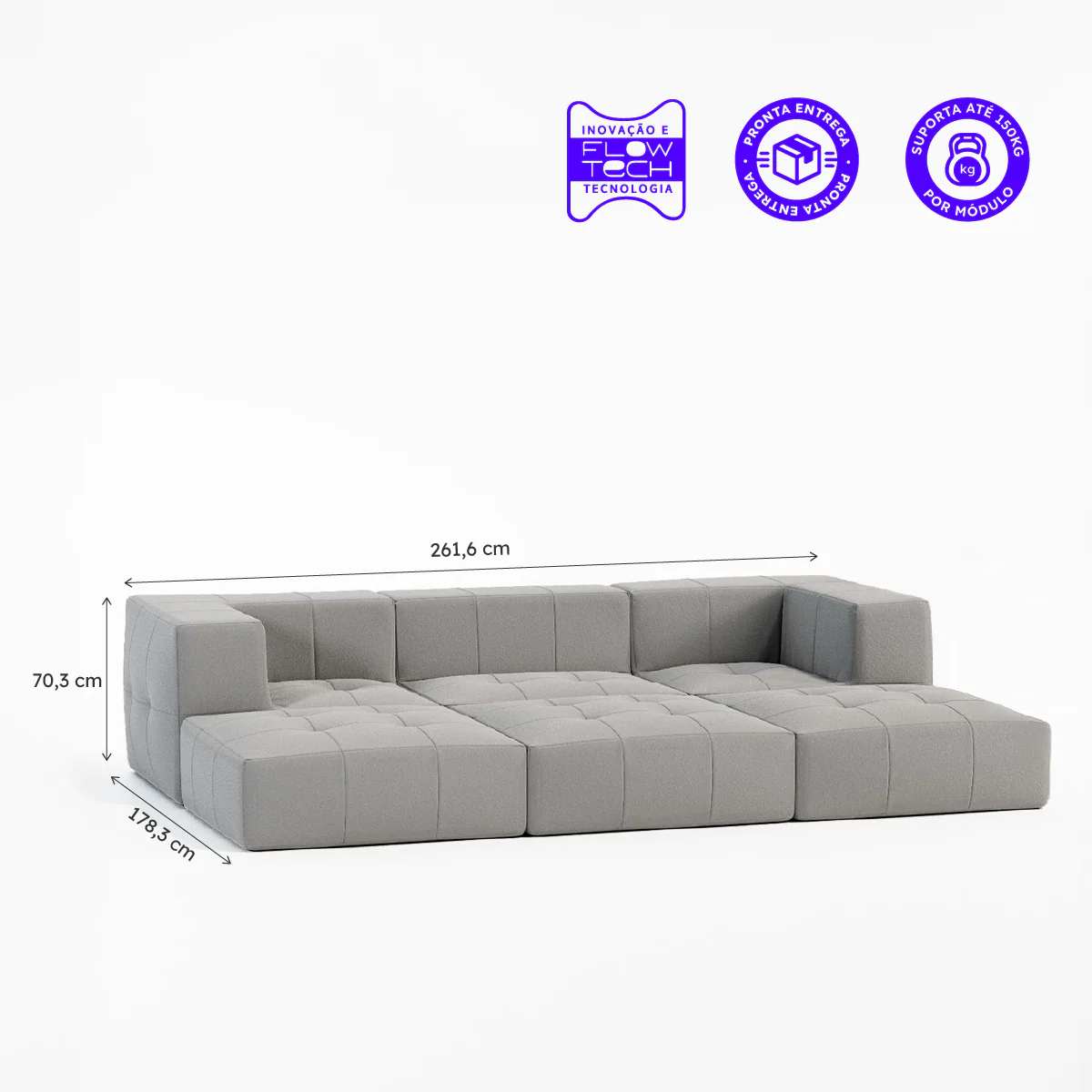 Sofá Modular Boucle Cinza - 3 Lugares - 2 Cantos com 3 Apoio de Pé - Image 3