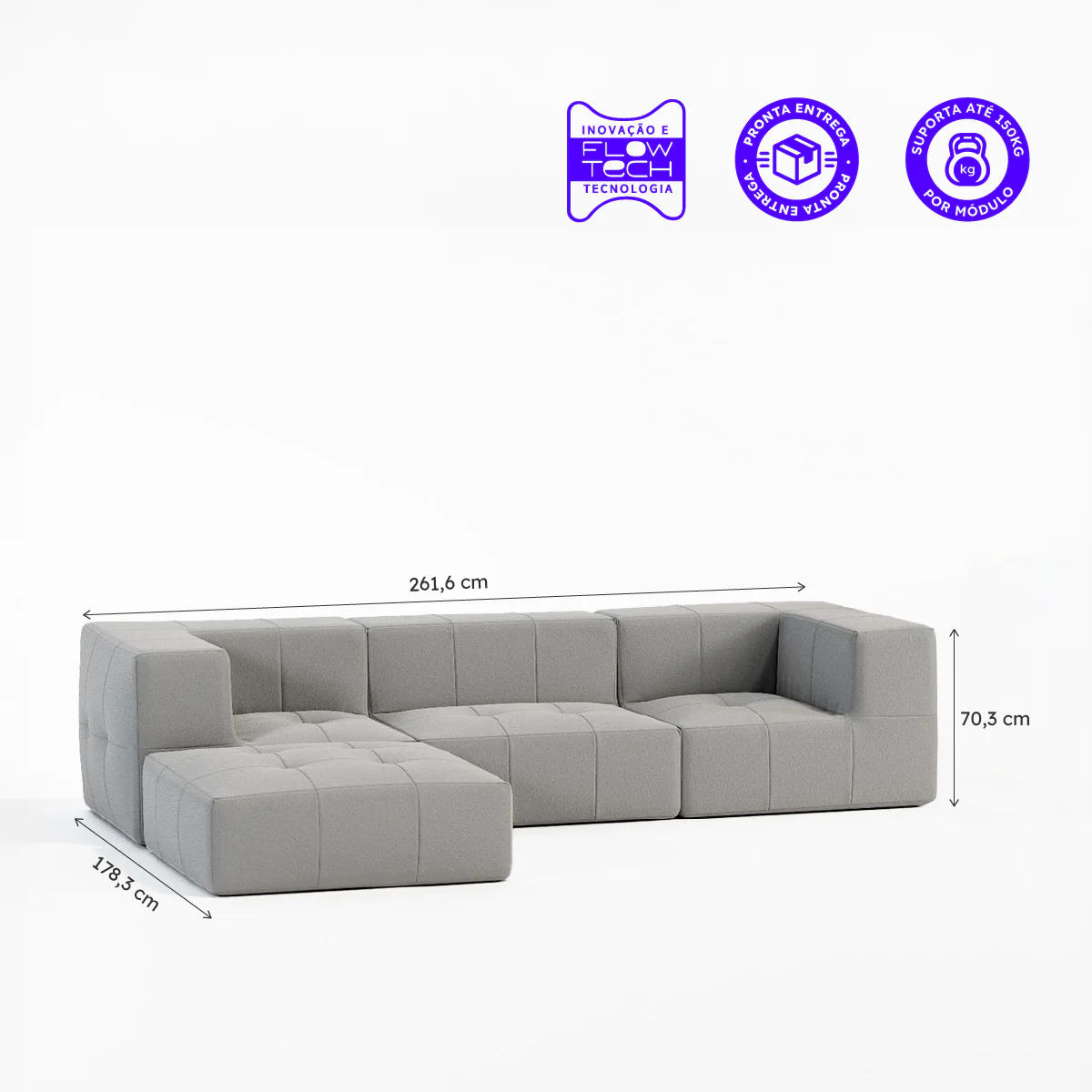 Sofá Modular Boucle Cinza - 3 Lugares - 2 Cantos com Apoio de Pé - Image 3