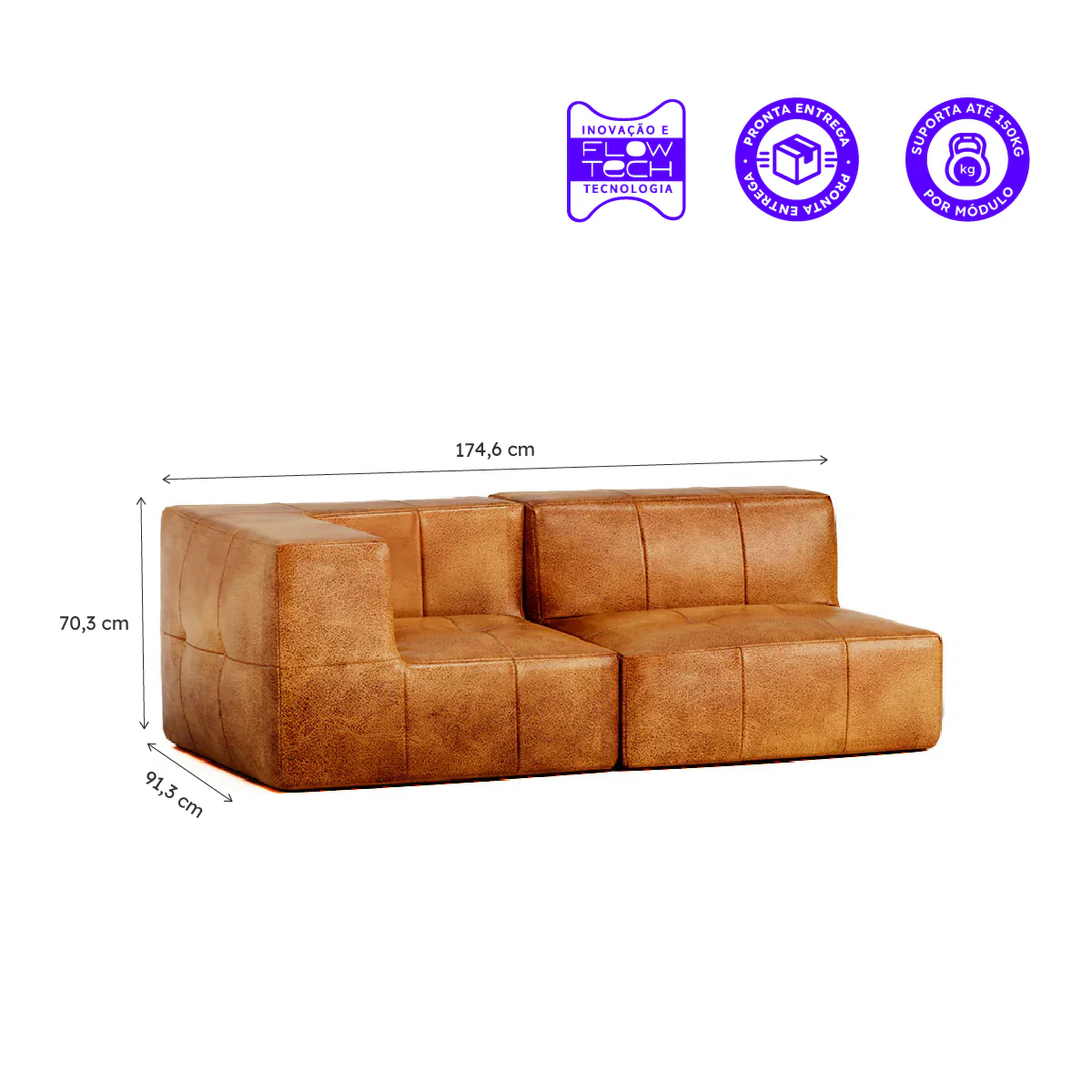 Sofá Modular Poli-Couro Marrom - 2 Lugares - 1 Canto - Image 3