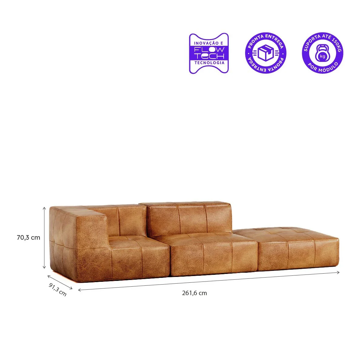 Sofá Modular Poli-Couro Marrom - 2 Lugares - 1 Canto com Apoio de Pé - Image 4