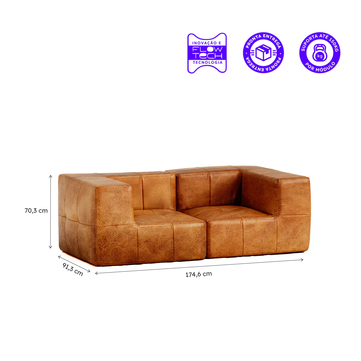 Sofá Modular Poli-Couro Marrom - 2 Lugares - 2 Cantos - Image 3
