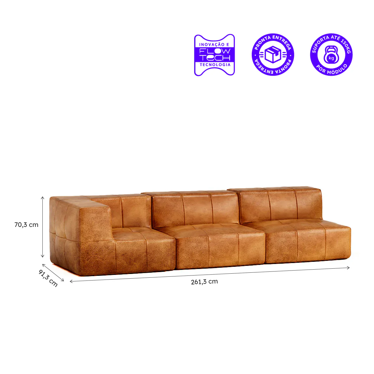 Sofá Modular Poli-Couro Marrom - 3 Lugares - 1 Canto - Image 3