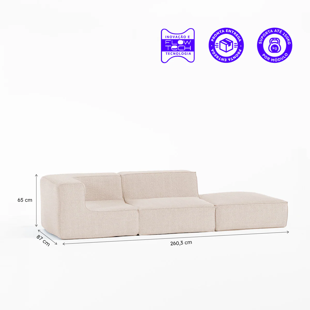 Sofá Modular Flow Boucle Bege - 2 Lugares - 1 Canto com Apoio de Pé - Image 3