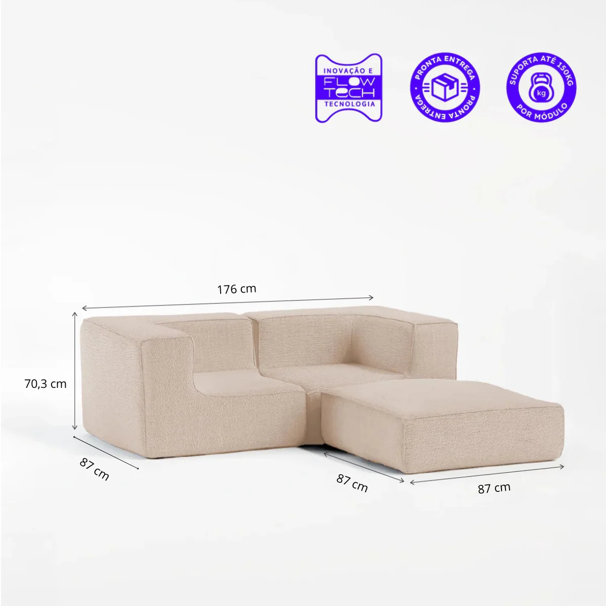 Sofá Modular Flow Boucle Bege - 2 Lugares - 2 Cantos com Apoio de Pé - Image 3