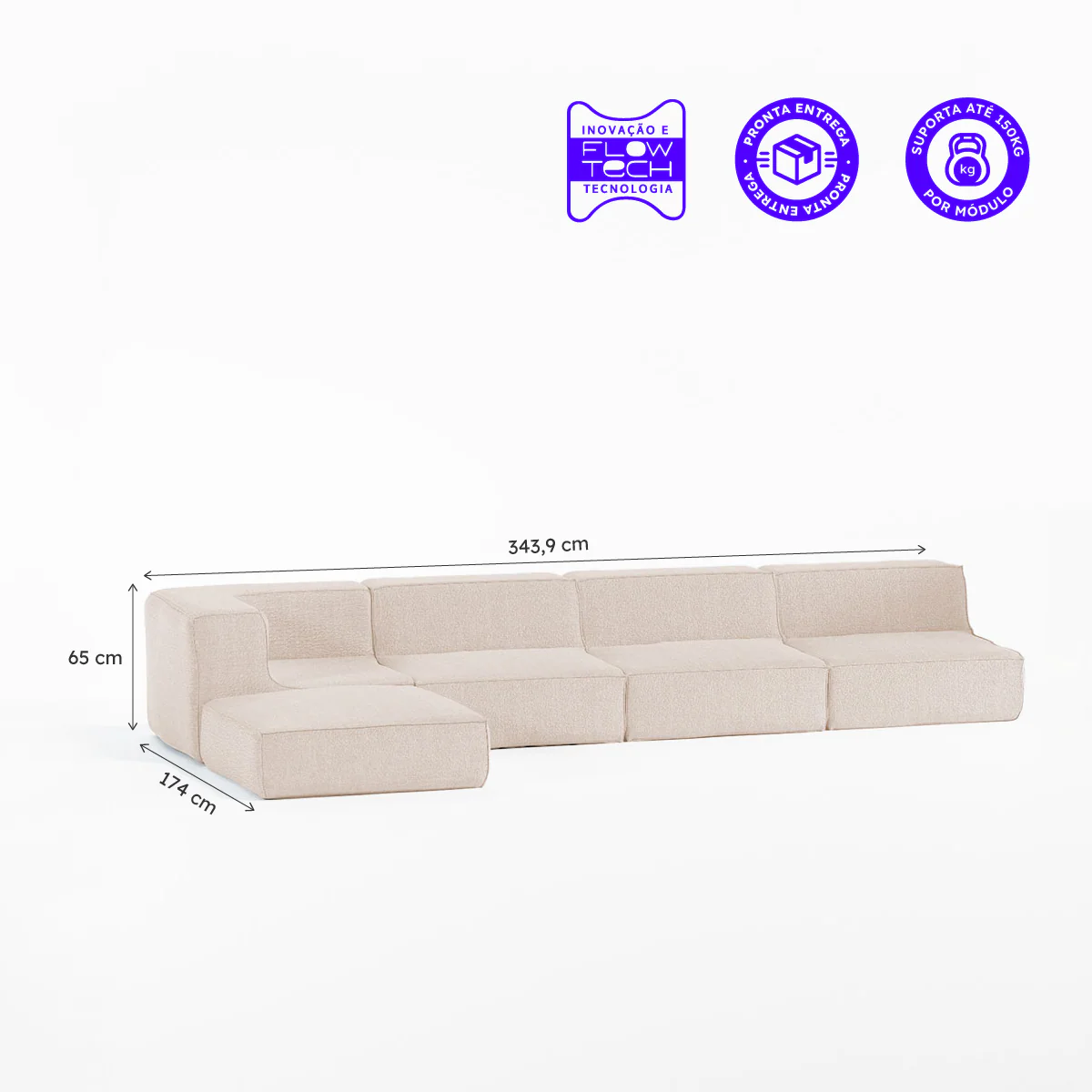 Sofá Modular Flow Boucle Bege - 4 Lugares - 1 Canto com Apoio de Pé - Image 3