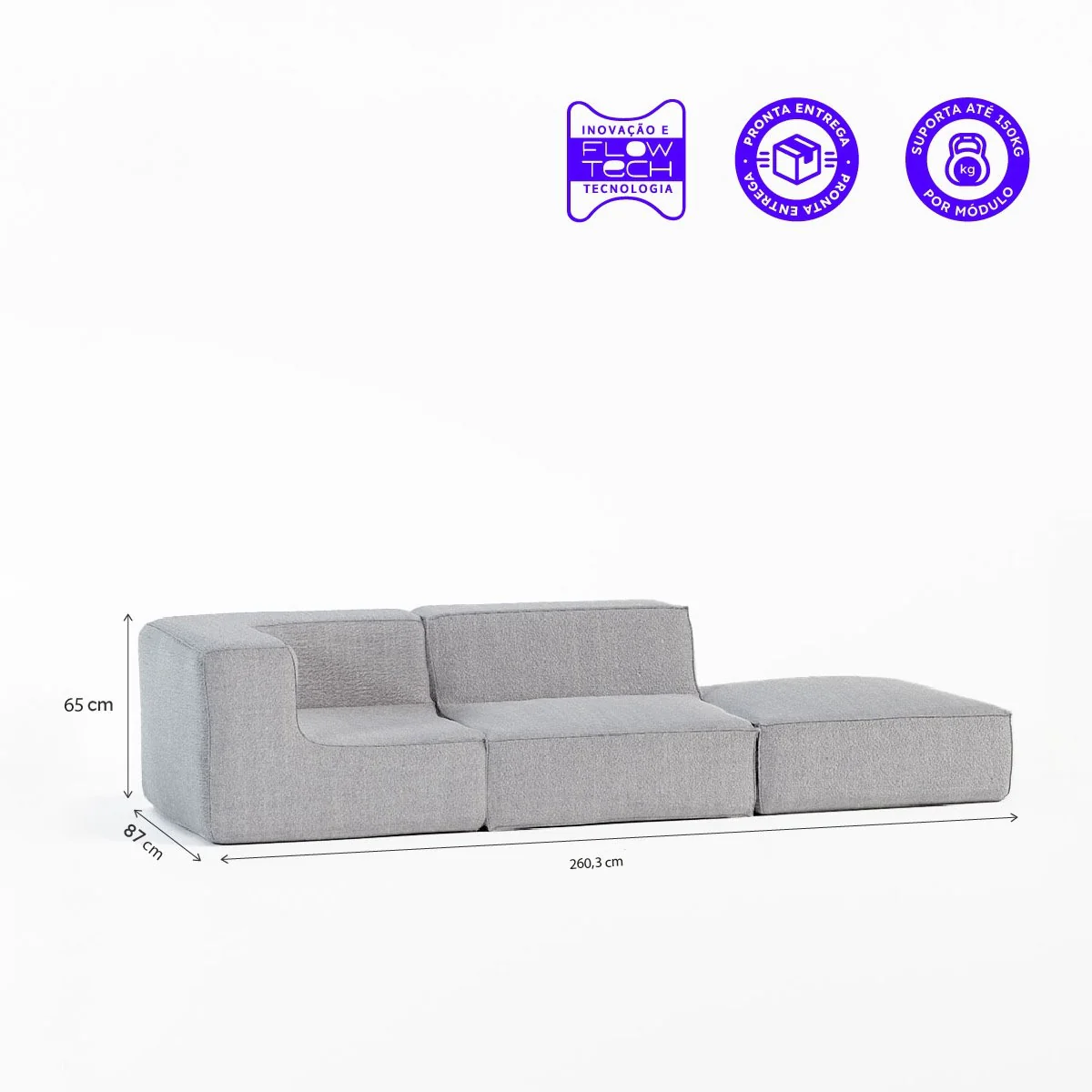 Sofá Modular Flow Boucle Cinza - 2 Lugares - 1 Canto com Apoio de Pé - Image 3