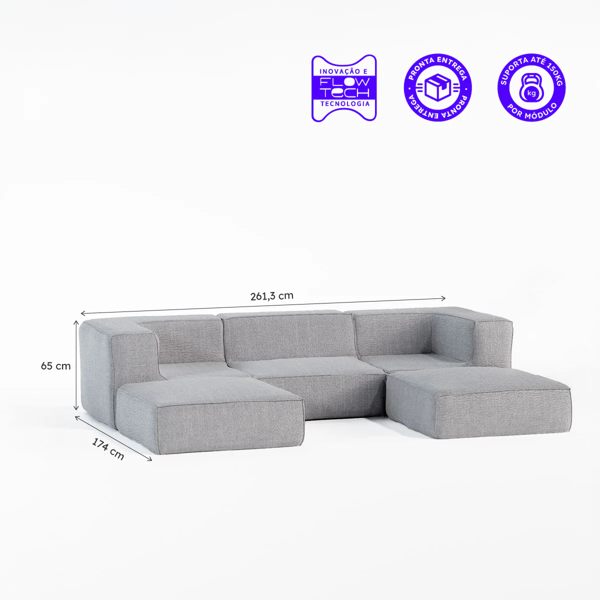 Sofá Modular Flow Boucle Cinza - 3 Lugares - 2 Cantos com 2 Apoio de Pé - Image 3