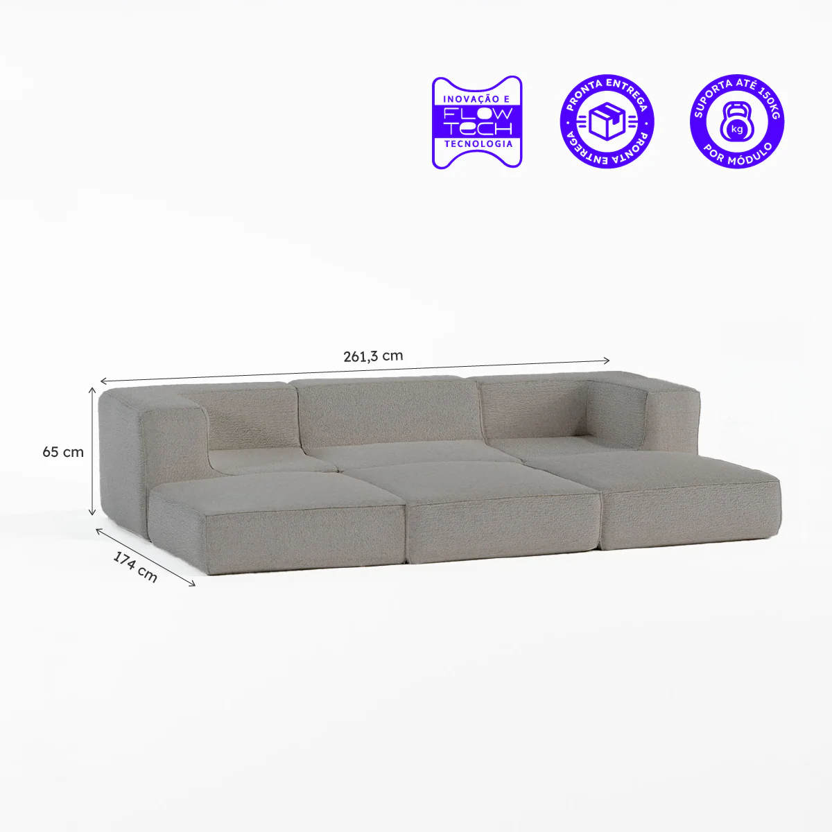 Sofá Modular Flow Boucle Cinza - 3 Lugares - 2 Cantos com 3 Apoio de Pé - Image 3