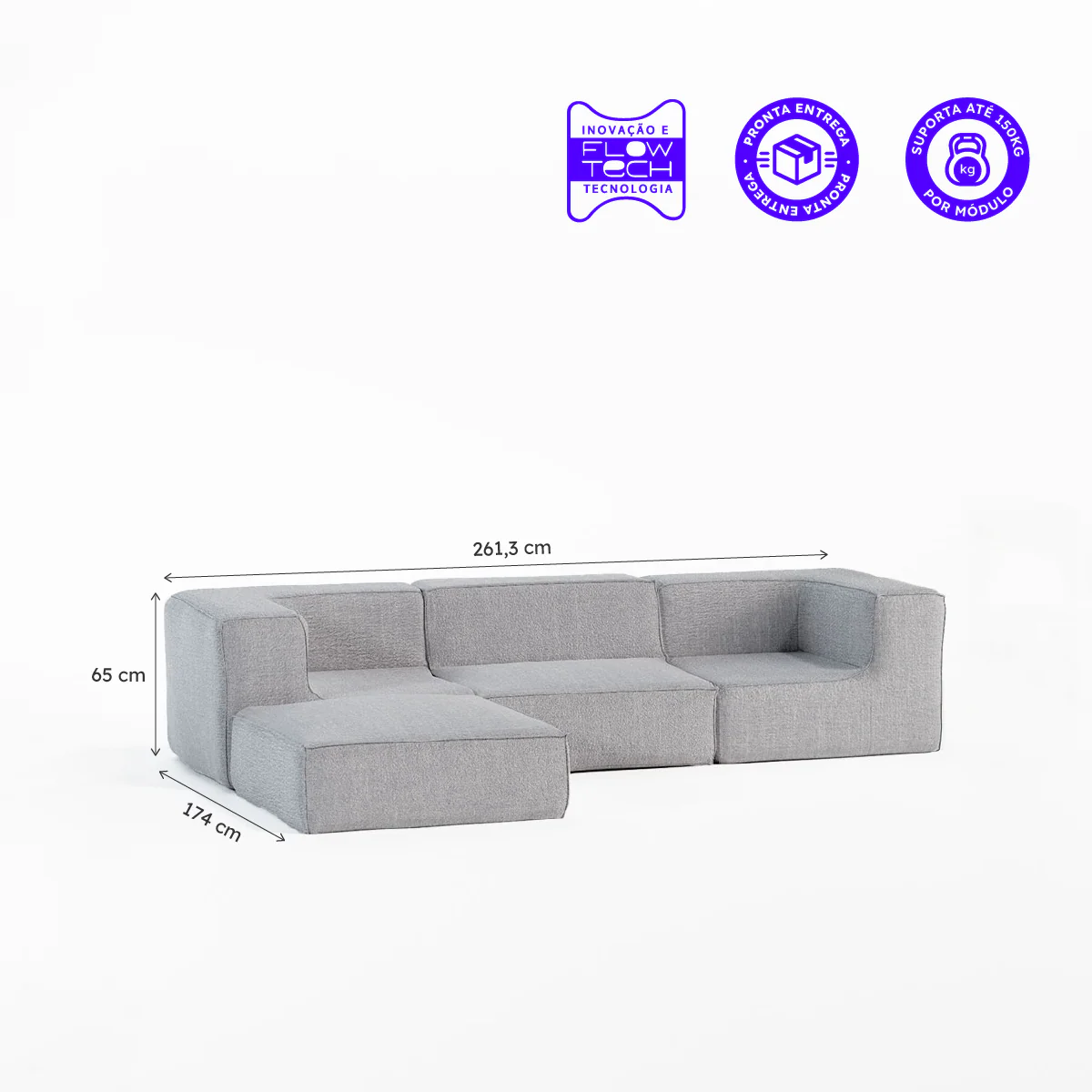Sofá Modular Flow Boucle Cinza - 3 Lugares - 2 Cantos com Apoio de Pé - Image 3