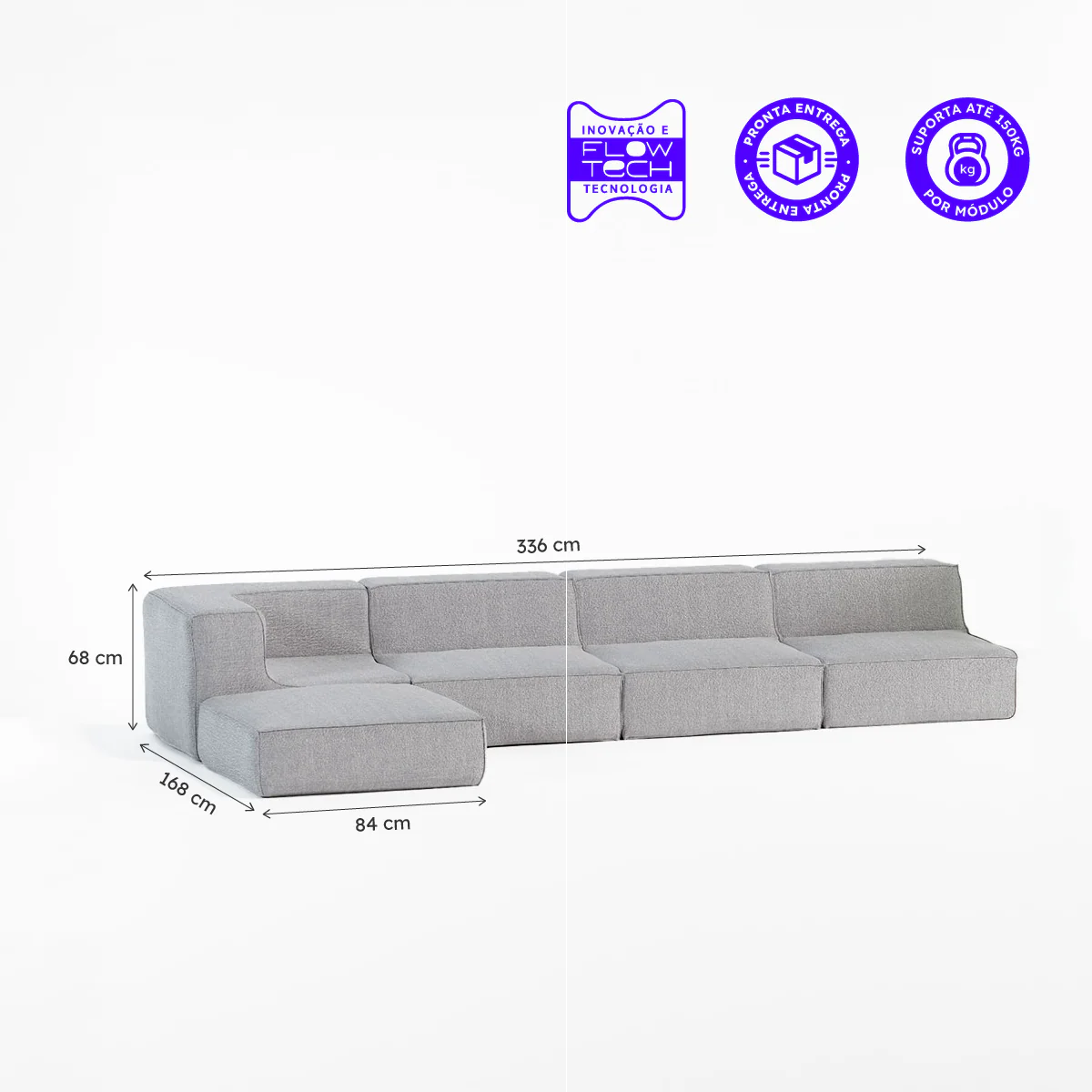 Sofá Modular Flow Boucle Cinza - 4 Lugares - 1 Canto com Apoio de Pé - Image 3