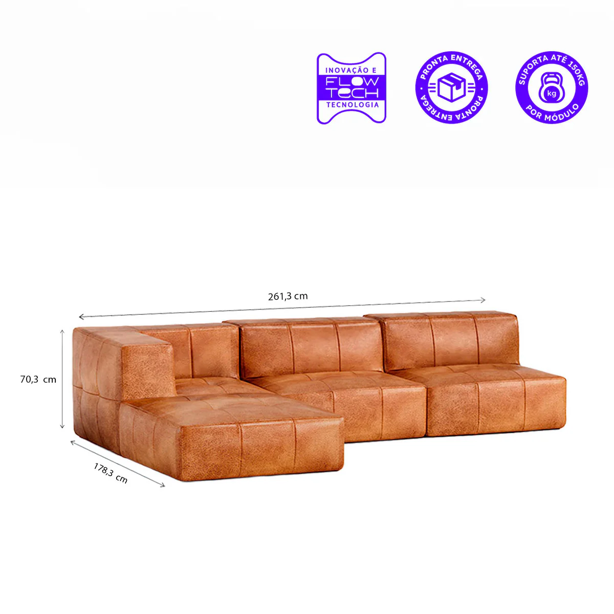 Sofá Modular Poli-Couro Marrom - 3 Lugares - 1 Canto com Apoio de Pé - Image 4