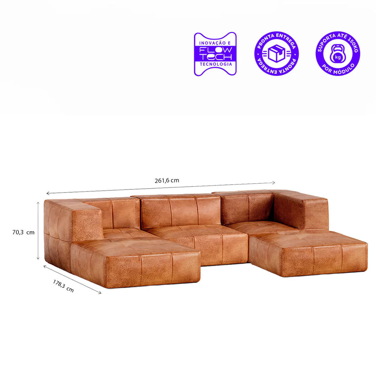 Sofá Modular Poli-Couro Marrom - 3 Lugares - 2 Cantos com 2 Apoio de Pé - Image 3