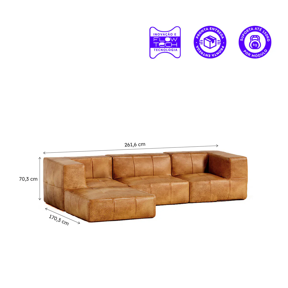 Sofá Modular Poli-Couro Marrom - 3 Lugares - 2 Cantos com Apoio de Pé - Image 3