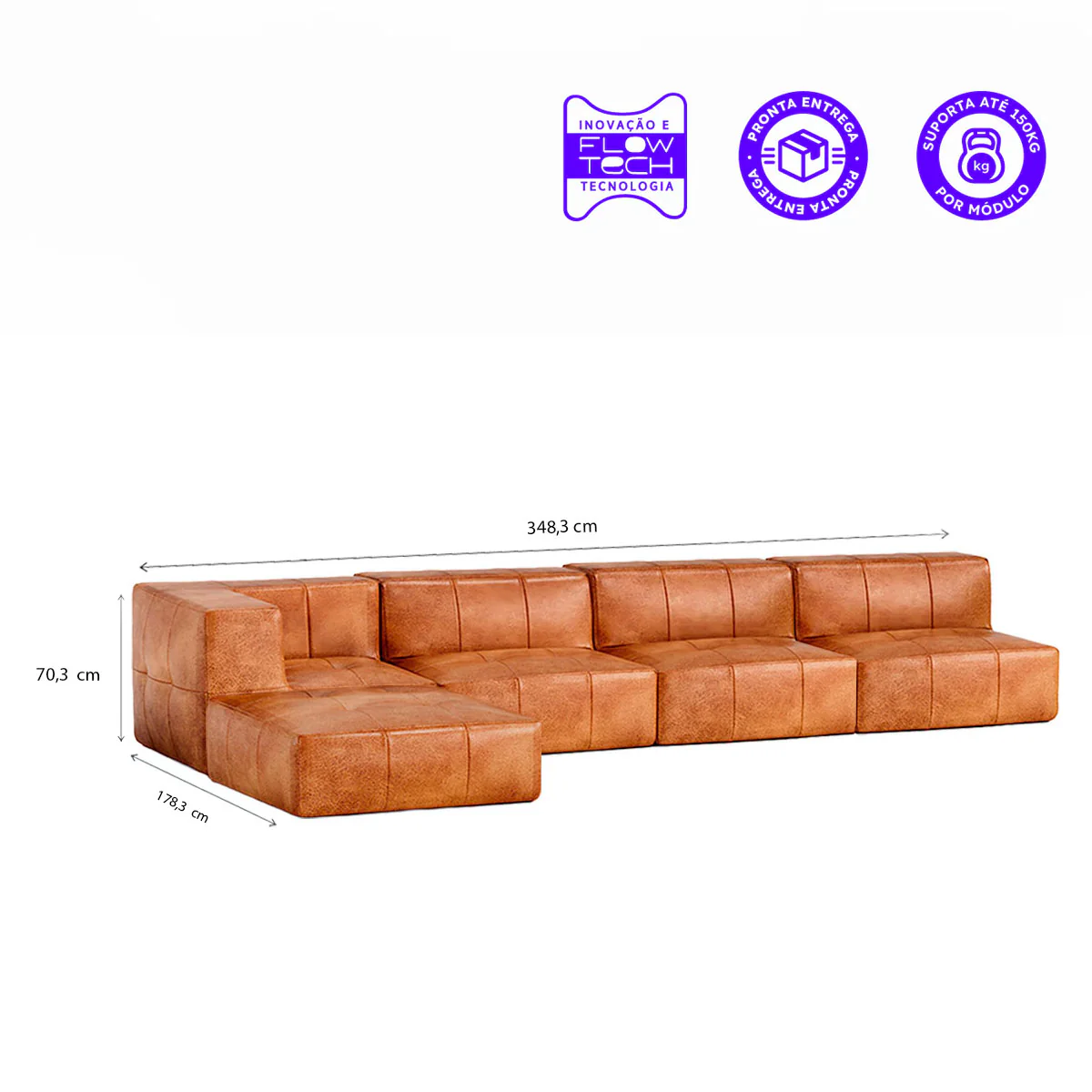 Sofá Modular Poli-Couro Marrom - 4 Lugares - 1 Canto com Apoio de Pé - Image 3