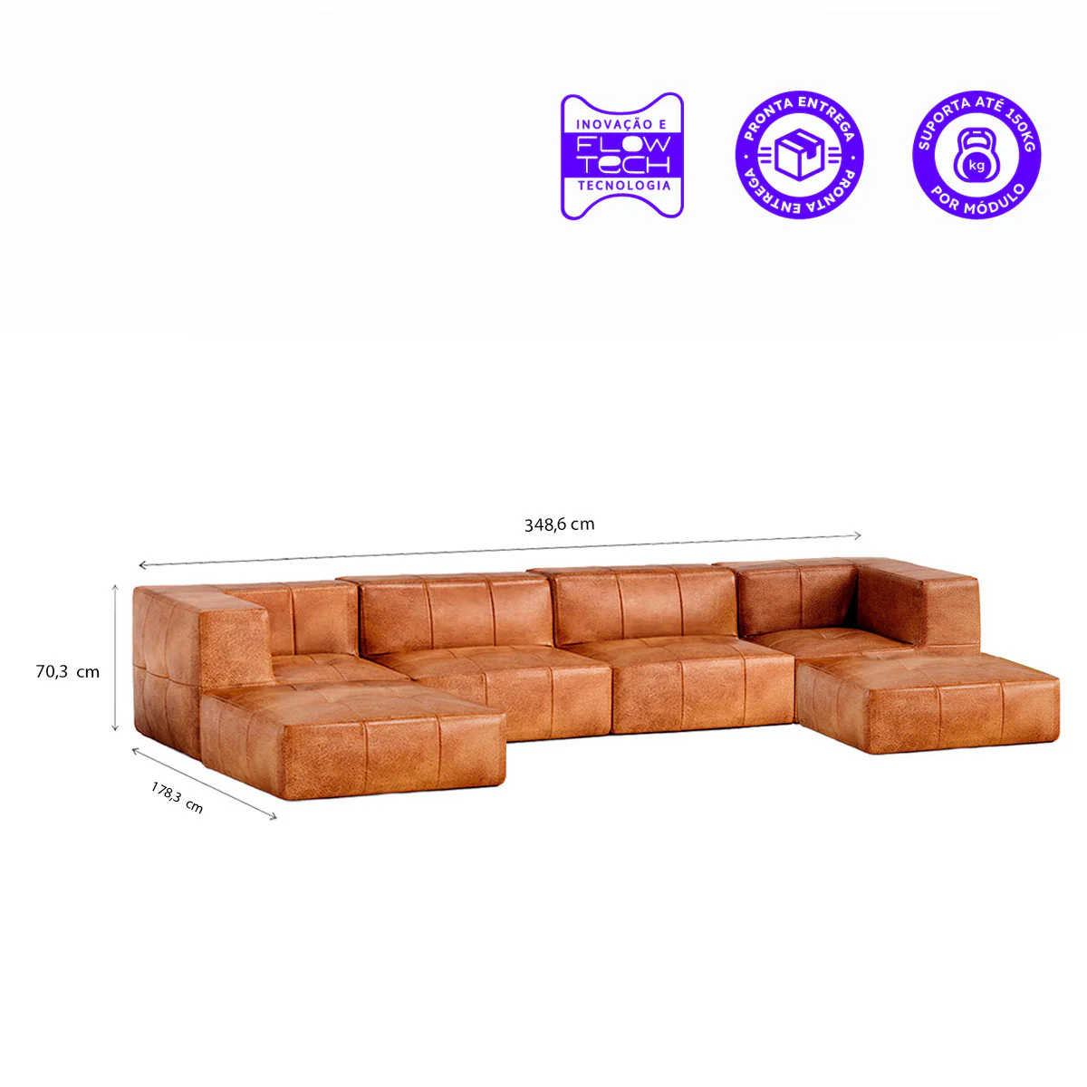 Sofá Modular Poli-Couro Marrom - 4 Lugares - 2 Cantos com 2 Apoio de Pé - Image 3