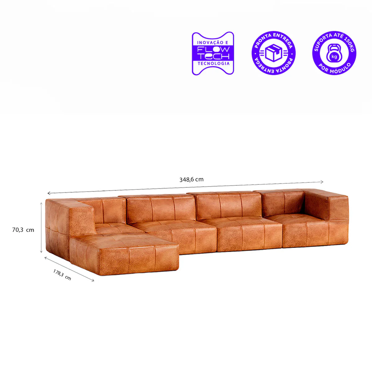 Sofá Modular Poli-Couro Marrom - 4 Lugares - 2 Cantos com Apoio de Pé - Image 3